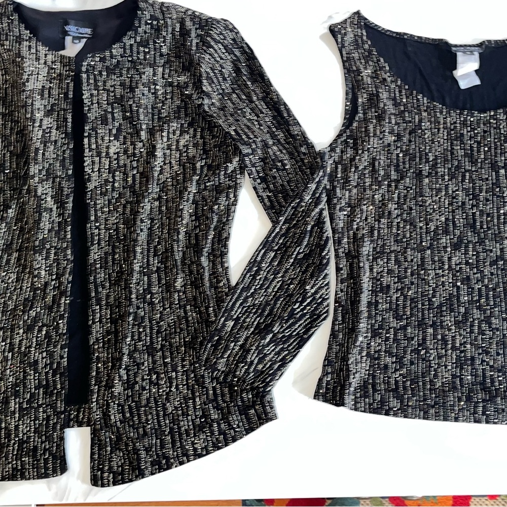 Xscape Black gold Cardigan Sweater set tank top jacket dressy sparkle s